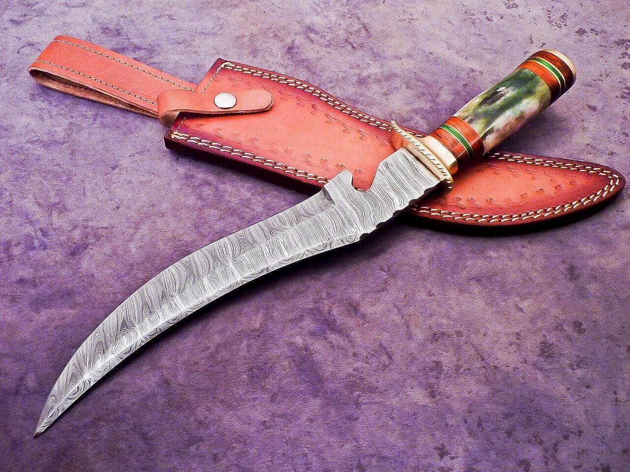 Heritage Forge 16 Inch Damascus Steel Bowie Knife with Camel Bone and Wood Handle