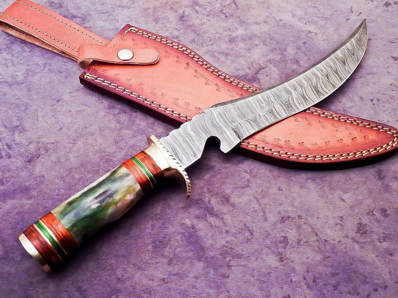 Heritage Forge 16 Inch Damascus Steel Bowie Knife with Camel Bone and Wood Handle