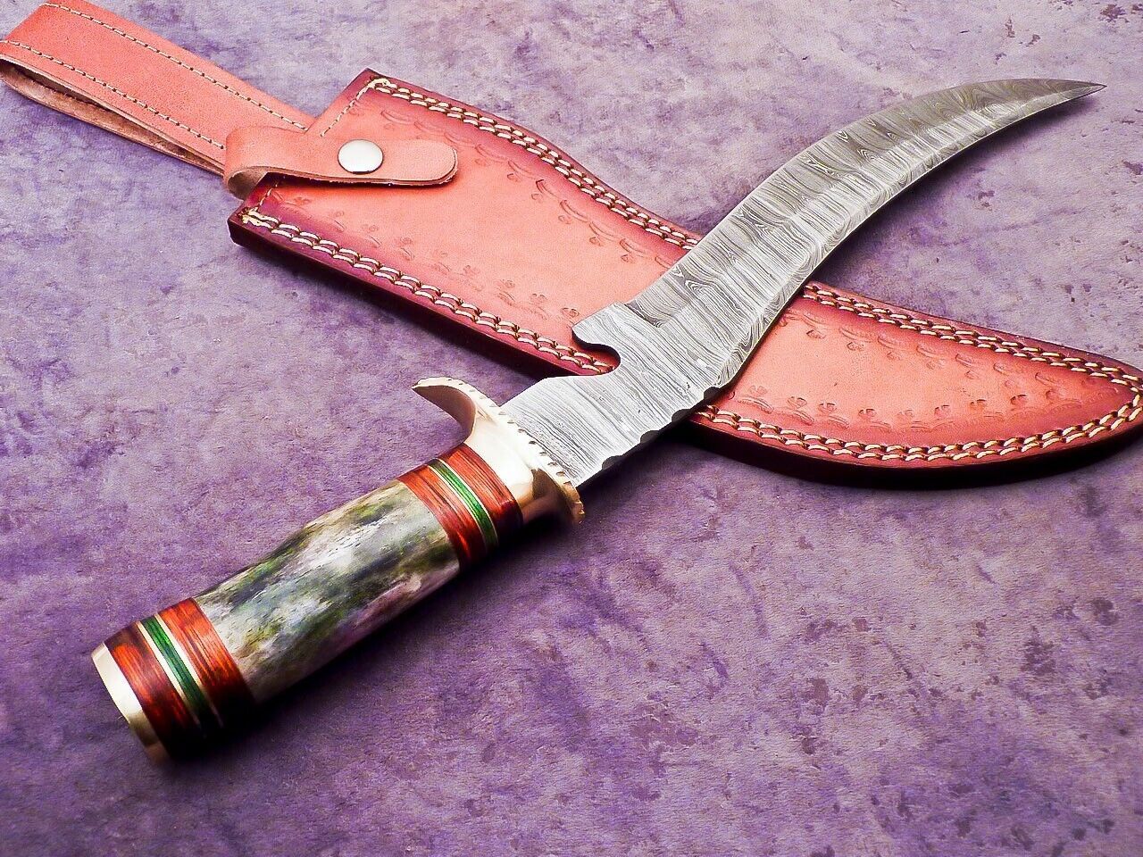 Heritage Forge 16 Inch Damascus Steel Bowie Knife with Camel Bone and Wood Handle