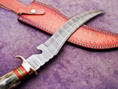 Heritage Forge 16 Inch Damascus Steel Bowie Knife with Camel Bone and Wood Handle