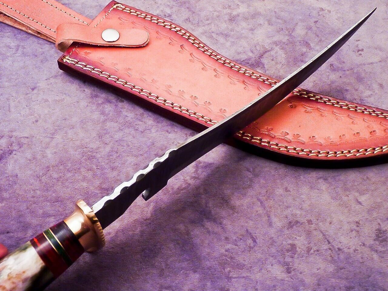 Heritage Forge 16 Inch Damascus Steel Bowie Knife with Camel Bone and Wood Handle