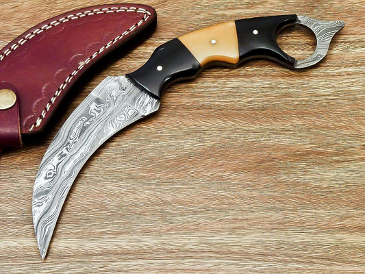 Custom Hand Forged Damascus Karambit Best Karambit Knife With Bull Horn and Camel Bone Handle