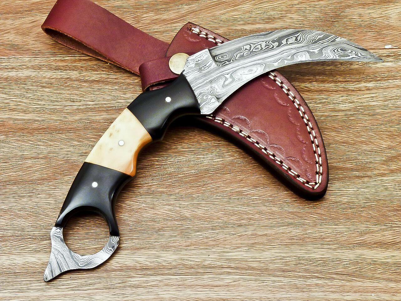Custom Hand Forged Damascus Karambit Best Karambit Knife With Bull Horn and Camel Bone Handle