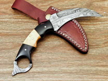 Custom Hand Forged Damascus Karambit Best Karambit Knife With Bull Horn and Camel Bone Handle