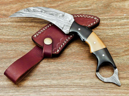 Custom Hand Forged Damascus Karambit Best Karambit Knife With Bull Horn and Camel Bone Handle