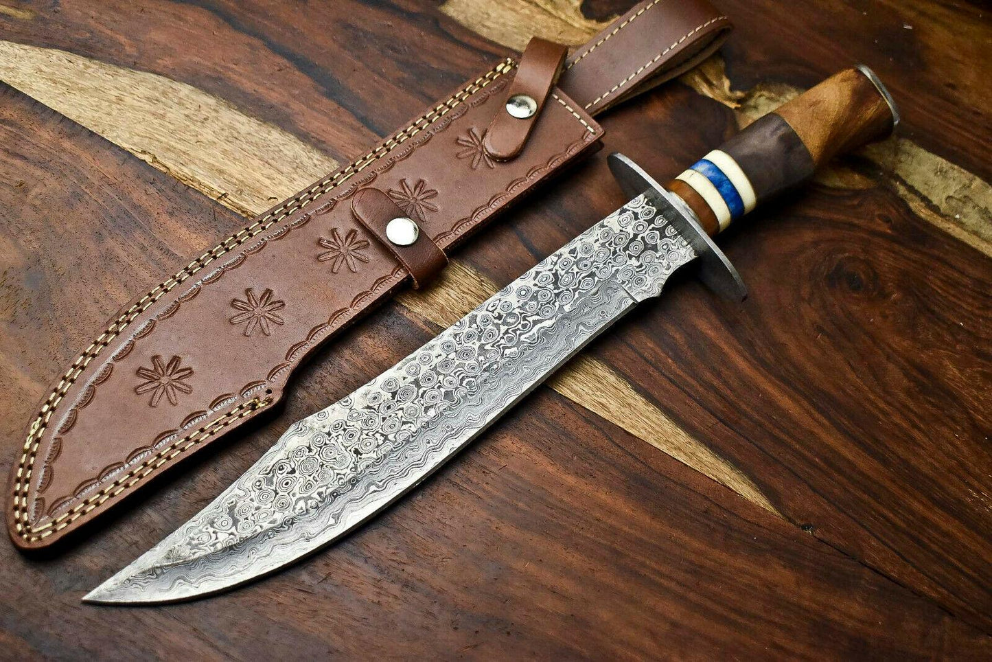 17" Handmade Damascus Steel Hunting Bowie Knife – Camel Bone Handle with Leather Sheath