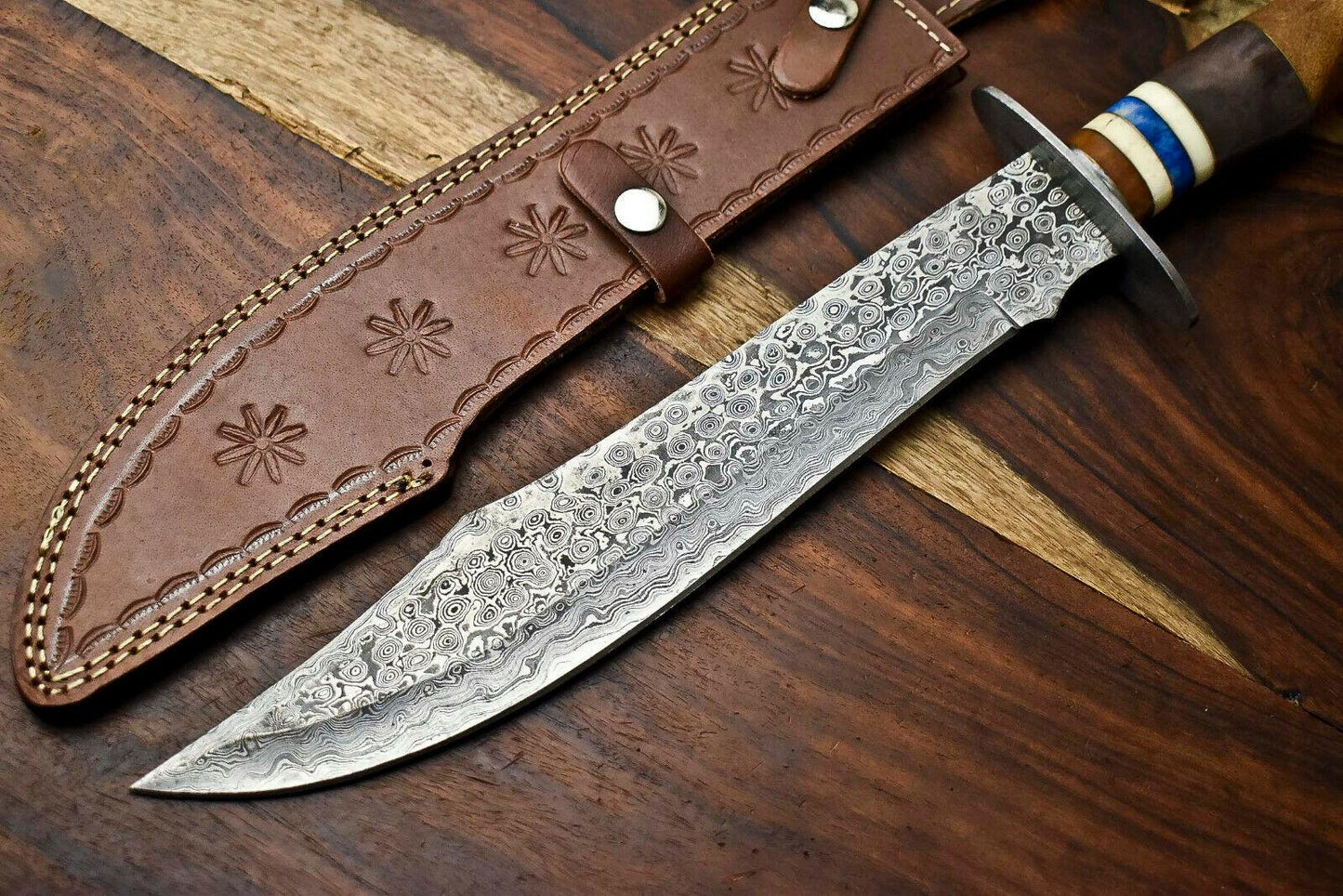 17" Handmade Damascus Steel Hunting Bowie Knife – Camel Bone Handle with Leather Sheath