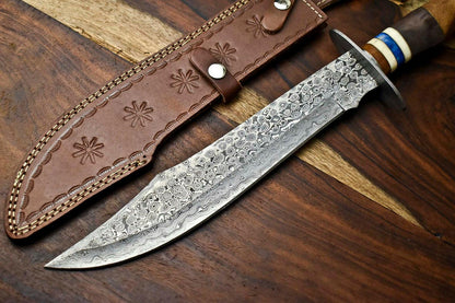 17" Handmade Damascus Steel Hunting Bowie Knife – Camel Bone Handle with Leather Sheath