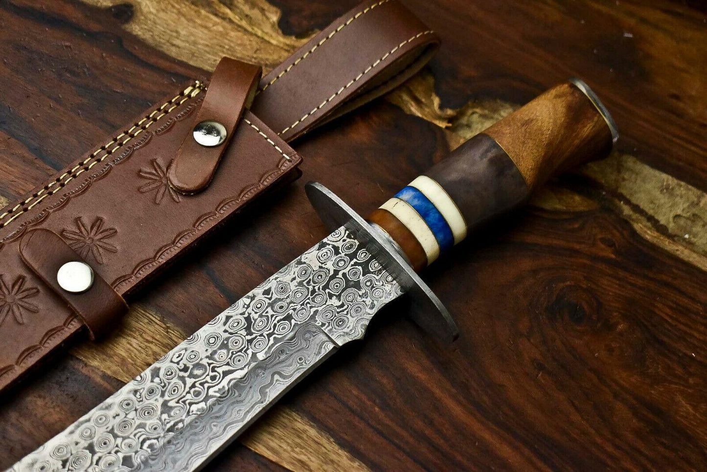 17" Handmade Damascus Steel Hunting Bowie Knife – Camel Bone Handle with Leather Sheath