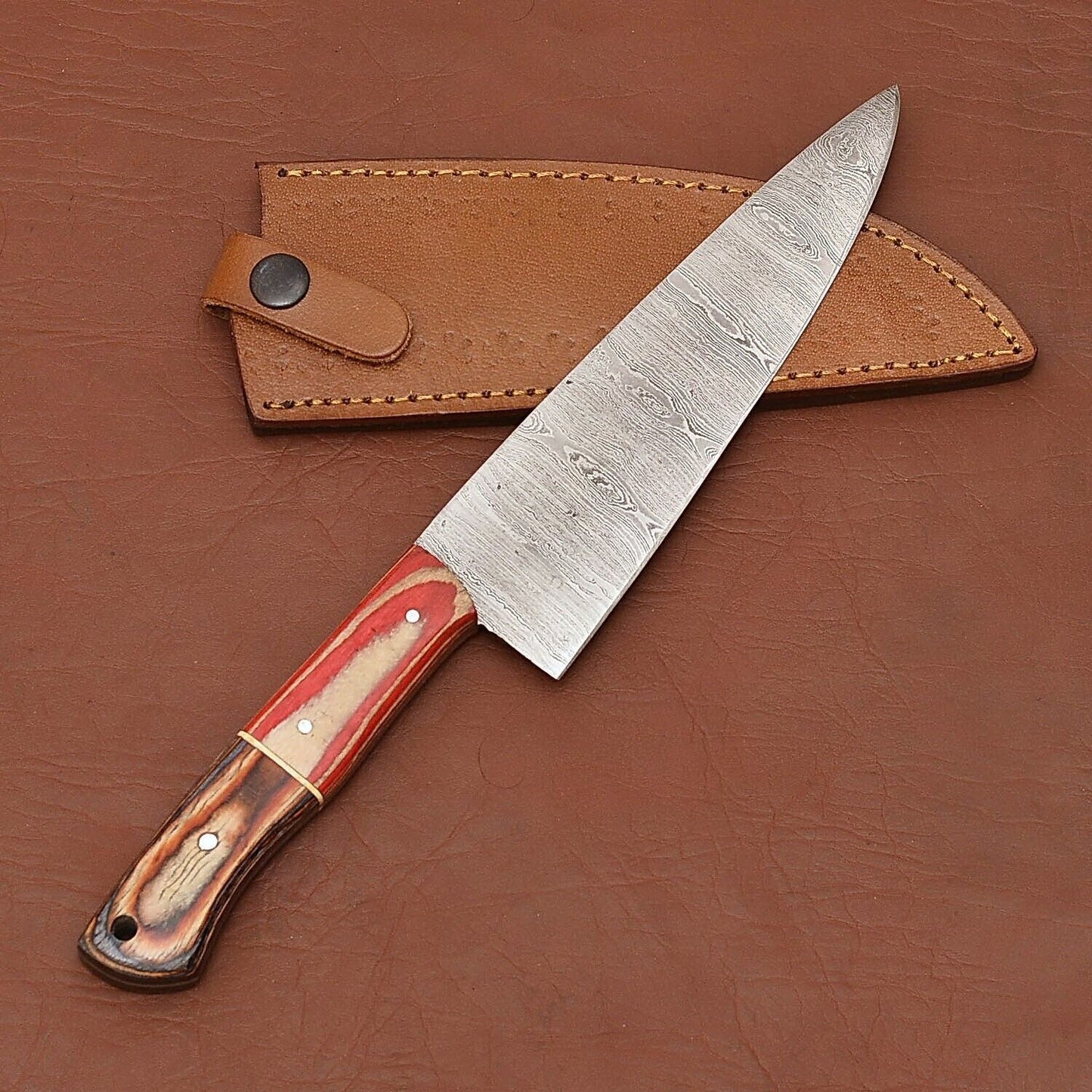 Handmade Damascus Steel Fillet Chef Knife with Wood Handle & Leather Sheath