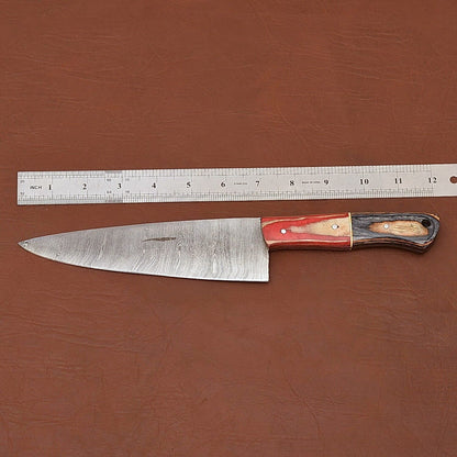 Handmade Damascus Steel Fillet Chef Knife with Wood Handle & Leather Sheath