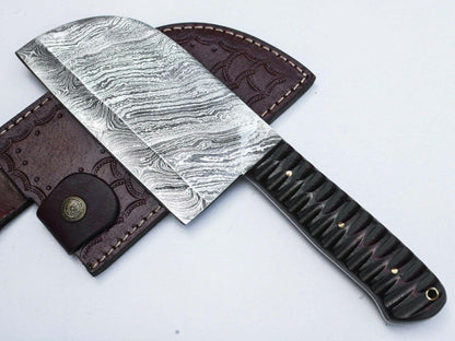 11" Handmade Damascus Steel Serbian Chef Cleaver Chopper Knife with Leather Sheath