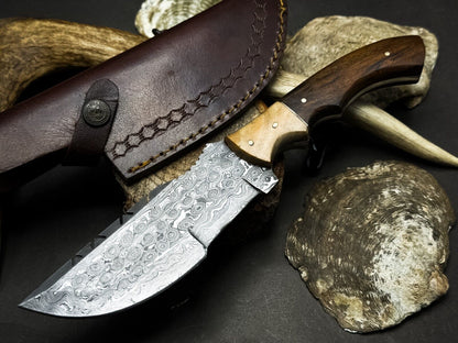 Handmade Damascus Steel Hunting Survival Tracker Knife with Wood Handle and Leather Sheath