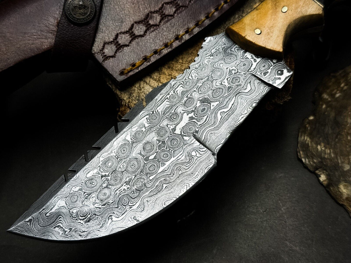 Handmade Damascus Steel Hunting Survival Tracker Knife with Wood Handle and Leather Sheath