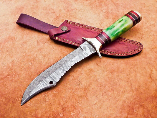 12" Damascus Bowie Knife with Stained Camel Bone Handle & Brass Bolster