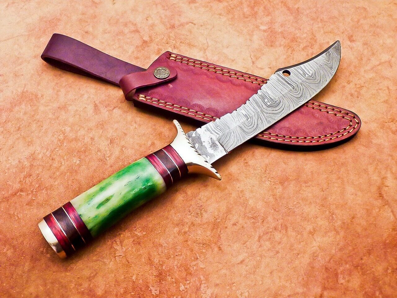 12" Damascus Bowie Knife with Stained Camel Bone Handle & Brass Bolster