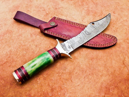12" Damascus Bowie Knife with Stained Camel Bone Handle & Brass Bolster