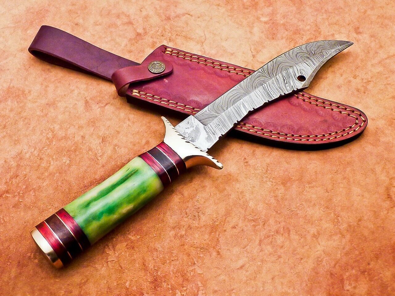 12" Damascus Bowie Knife with Stained Camel Bone Handle & Brass Bolster