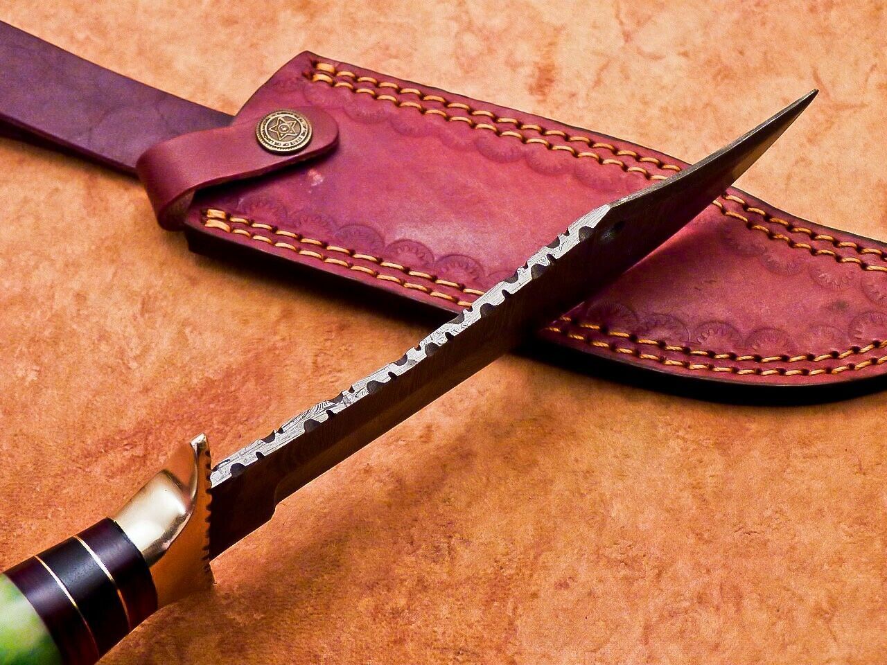 12" Damascus Bowie Knife with Stained Camel Bone Handle & Brass Bolster