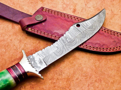 12" Damascus Bowie Knife with Stained Camel Bone Handle & Brass Bolster