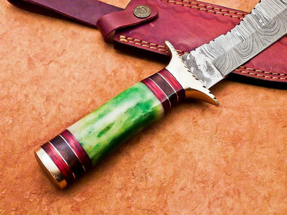 12" Damascus Bowie Knife with Stained Camel Bone Handle & Brass Bolster
