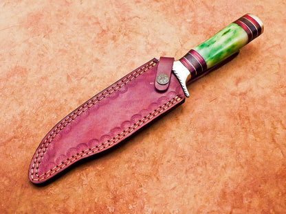 12" Damascus Bowie Knife with Stained Camel Bone Handle & Brass Bolster