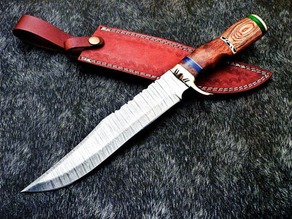 Damascus Steel Bowie Knife – 14.5 Inch Handmade Hunting Blade with Hardwood Handle