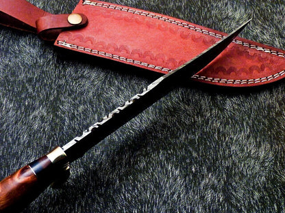 Damascus Steel Bowie Knife – 14.5 Inch Handmade Hunting Blade with Hardwood Handle