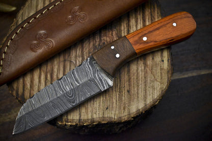Twist Damascus Skinner Knife with Hard Wood Handle and Wooden Bolster Tactical Tool