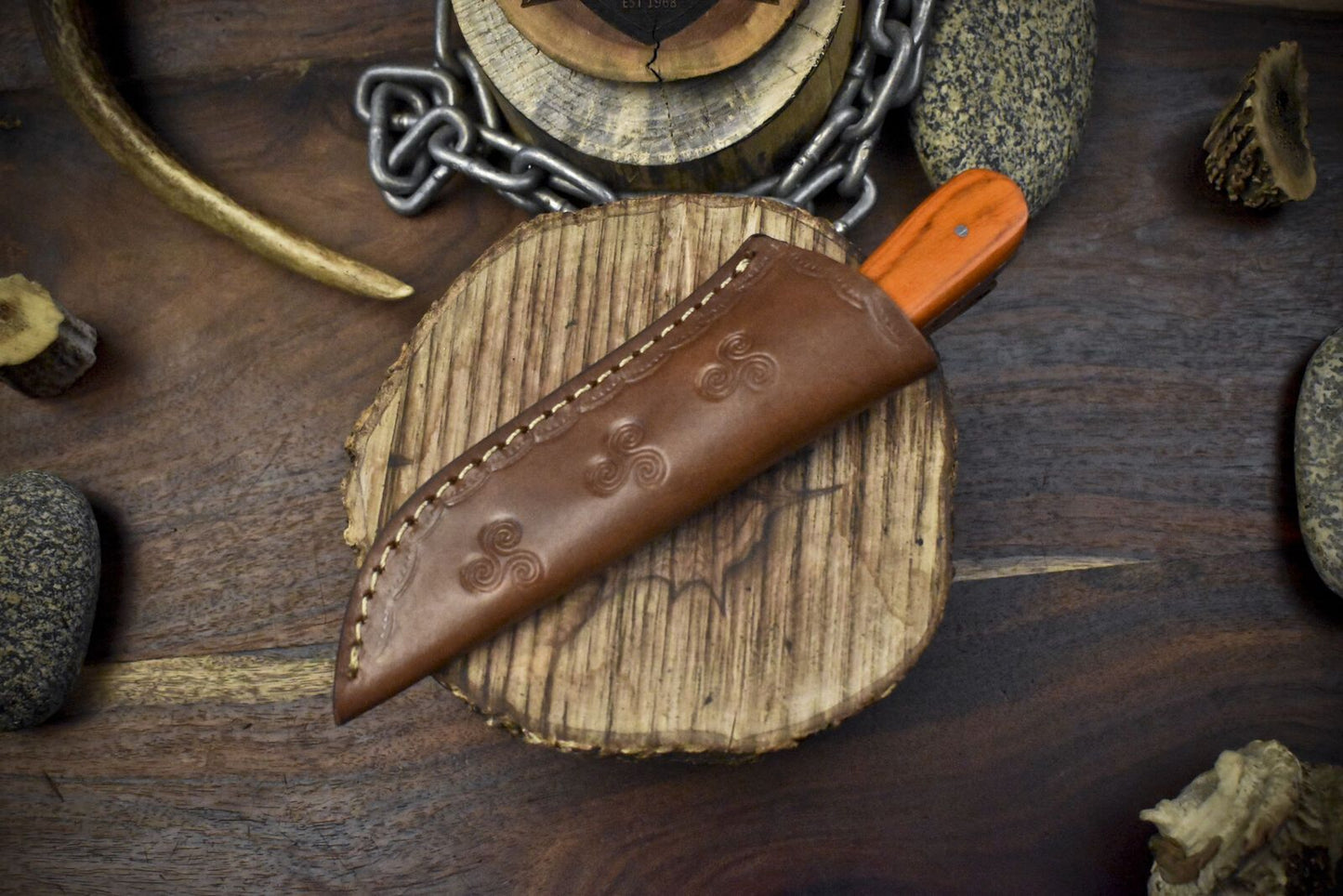 Twist Damascus Skinner Knife with Hard Wood Handle and Wooden Bolster Tactical Tool