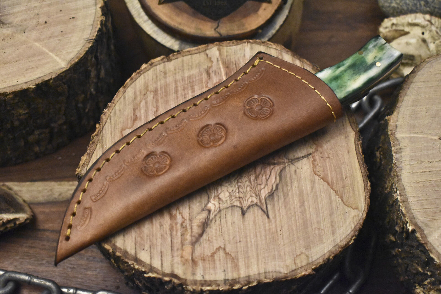Rain Drop Damascus Skinner Knife with Bone Handle and Brass Guard