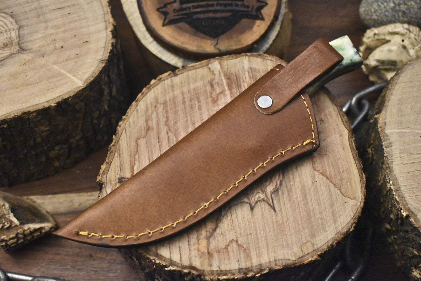 Rain Drop Damascus Skinner Knife with Bone Handle and Brass Guard