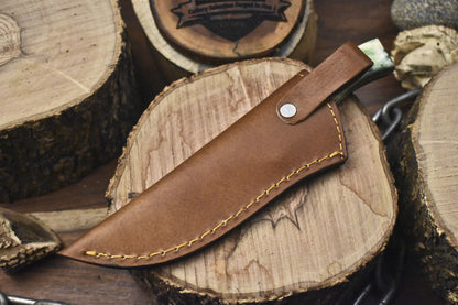 Rain Drop Damascus Skinner Knife with Bone Handle and Brass Guard