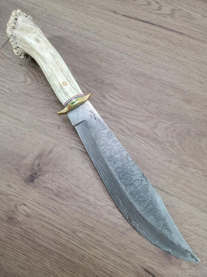 Heritage Forge Handmade Damascus Bowie Knife Stag Handle Hunting Knife 9.5 Inch Blade