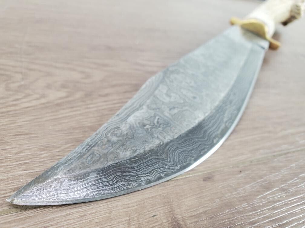 Heritage Forge Handmade Damascus Bowie Knife Stag Handle Hunting Knife 9.5 Inch Blade
