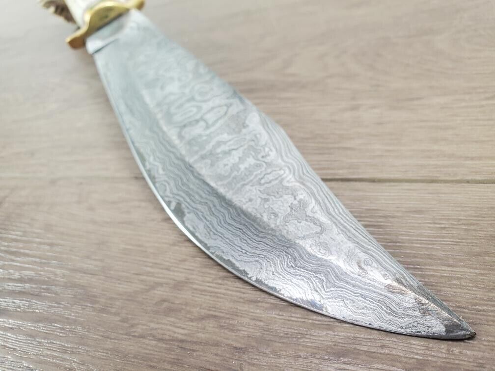 Heritage Forge Handmade Damascus Bowie Knife Stag Handle Hunting Knife 9.5 Inch Blade