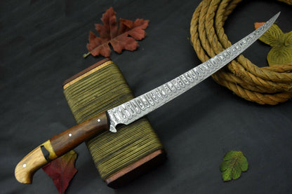 Custom Damascus Steel Fillet Knife Damascus Fillet Knife With Olive & Walnut Handle