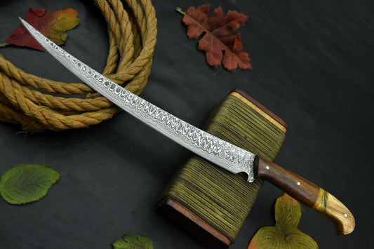 Custom Damascus Steel Fillet Knife Damascus Fillet Knife With Olive & Walnut Handle