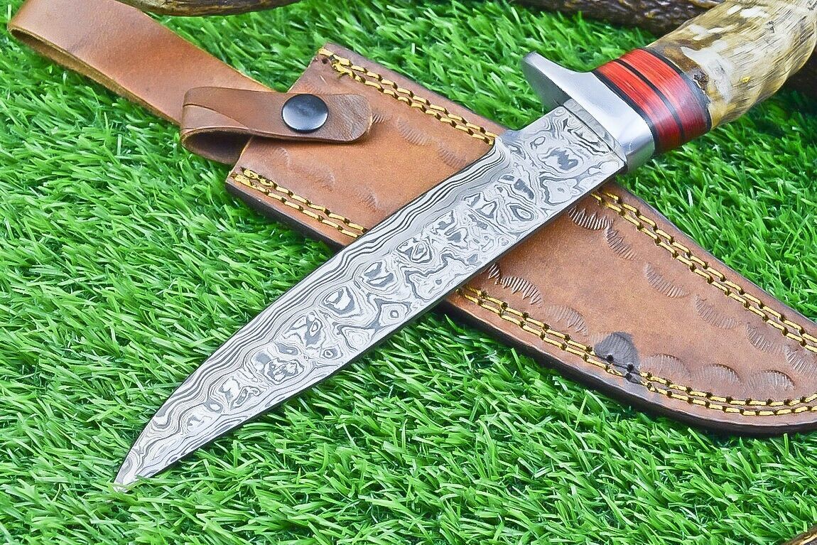 12 Inch Damascus Steel Bowie Knife with Ram Horn and Wood Handle