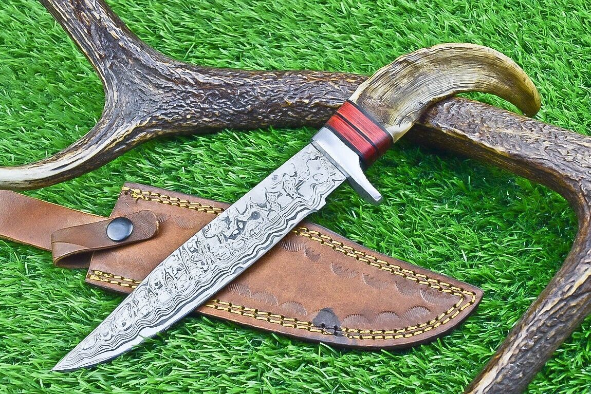 12 Inch Damascus Steel Bowie Knife with Ram Horn and Wood Handle