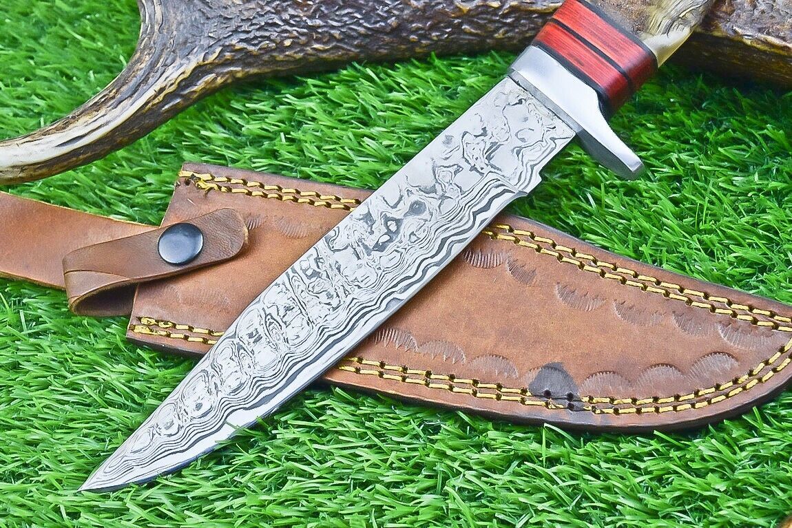 12 Inch Damascus Steel Bowie Knife with Ram Horn and Wood Handle