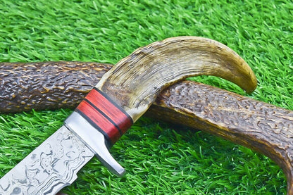 12 Inch Damascus Steel Bowie Knife with Ram Horn and Wood Handle