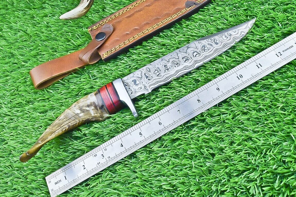 12 Inch Damascus Steel Bowie Knife with Ram Horn and Wood Handle