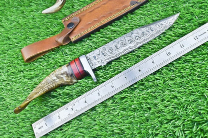 12 Inch Damascus Steel Bowie Knife with Ram Horn and Wood Handle