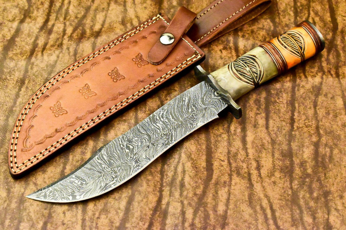12" Damascus Bowie Knife with Camel Bone Handle & Leather Sheath