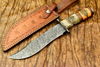 12" Damascus Bowie Knife with Camel Bone Handle & Leather Sheath