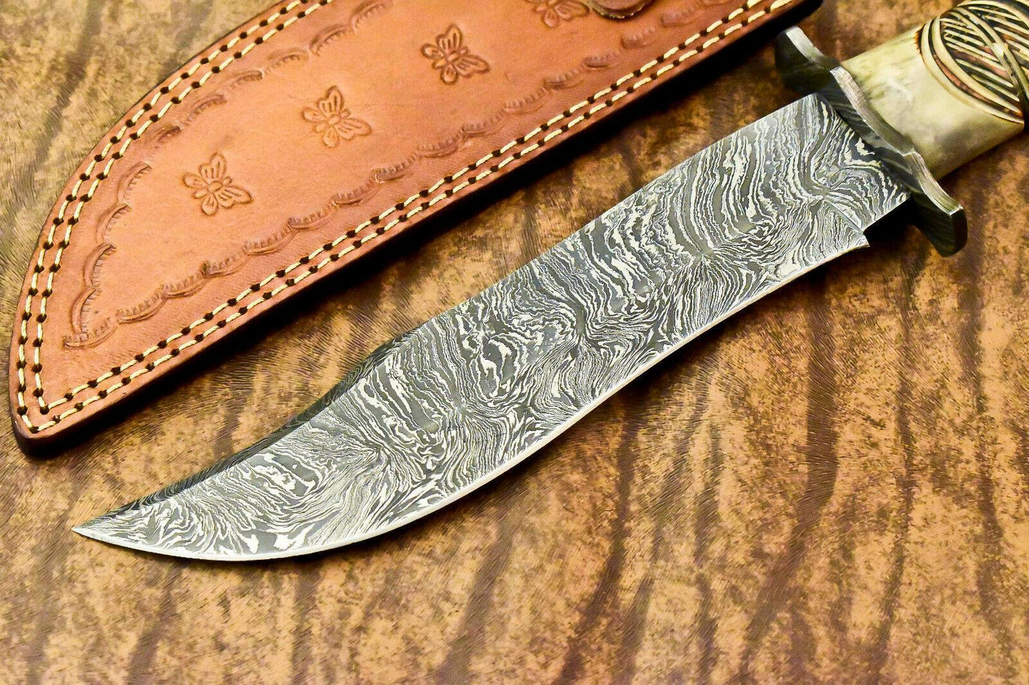 12" Damascus Bowie Knife with Camel Bone Handle & Leather Sheath