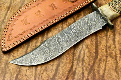 12" Damascus Bowie Knife with Camel Bone Handle & Leather Sheath
