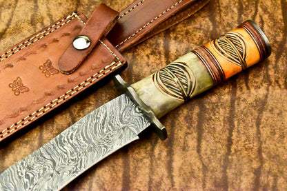 12" Damascus Bowie Knife with Camel Bone Handle & Leather Sheath