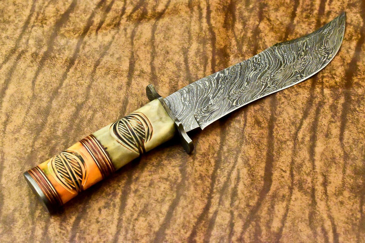 12" Damascus Bowie Knife with Camel Bone Handle & Leather Sheath
